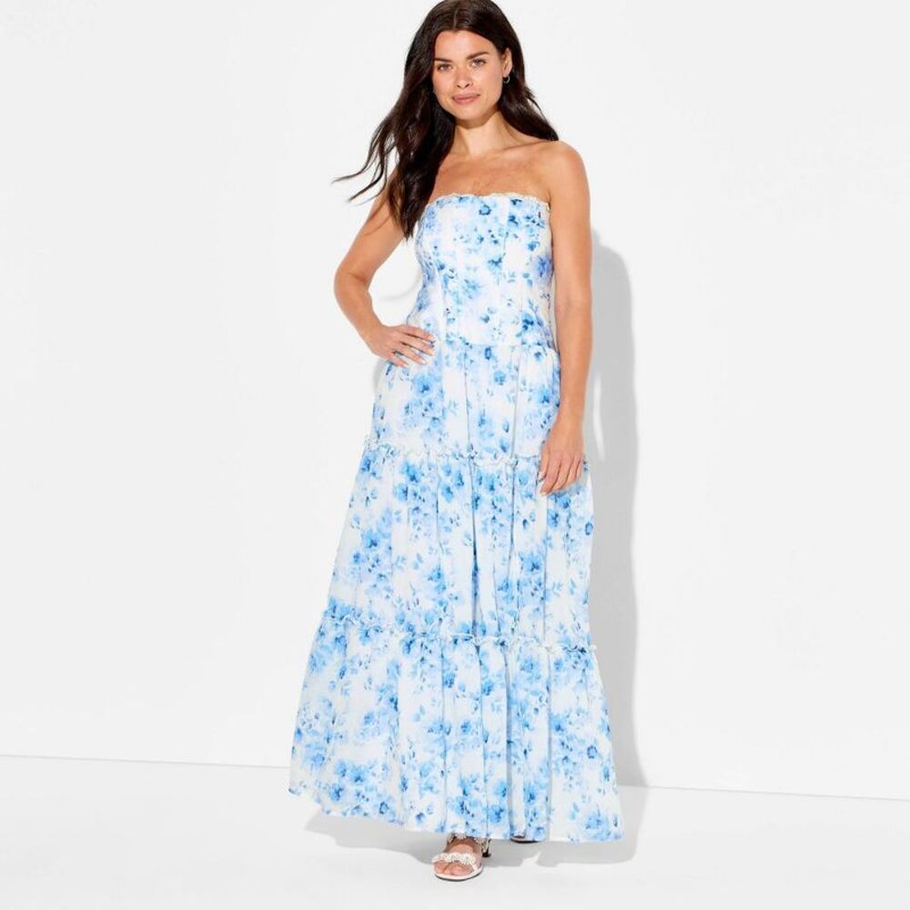 wild fable Strapless Blue & White Floral Maxi Dress